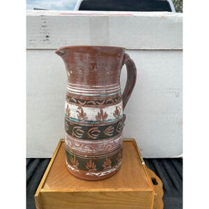 Pottery Clay Ceramic Pitcher with Handle 1986 Adobe Southwest Style 10” Tall